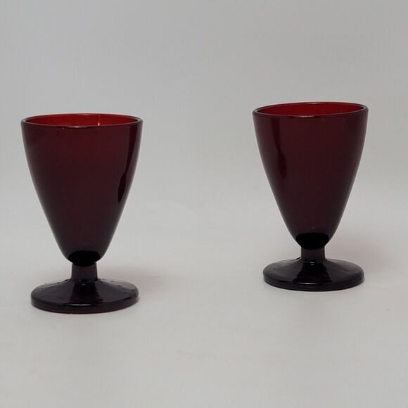 Vintage Anchor Hocking 2 Royal Ruby Red Cordial Shot Footed Wine Glasses Barware - Picture 9 of 9